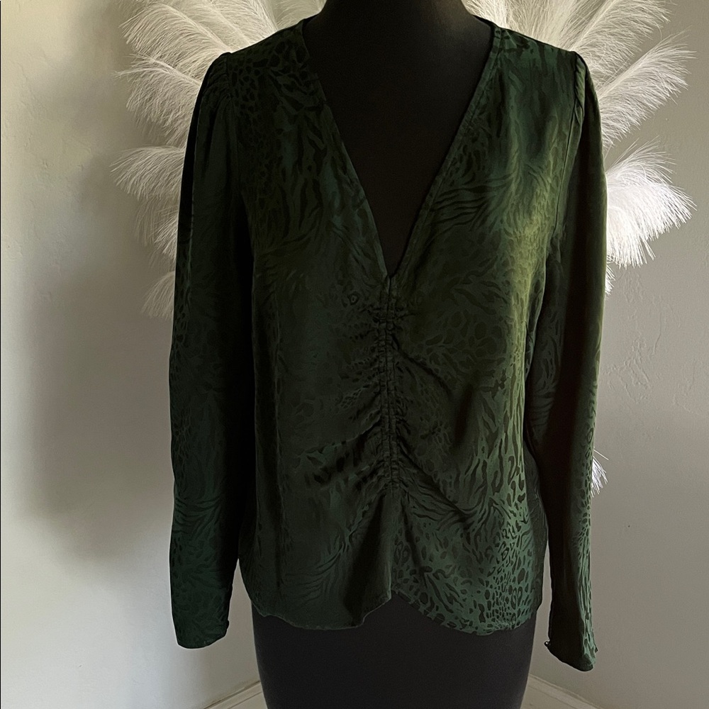 H&M Dark Green V-Neck Ruched Long Sleeve Blouse